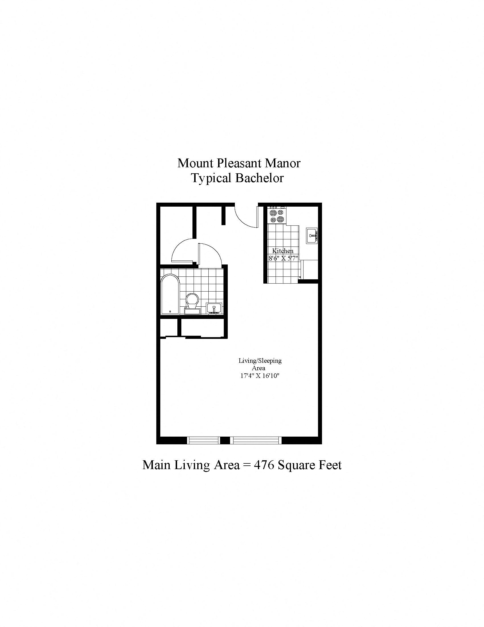 Floor plan for studio, 476 sqft